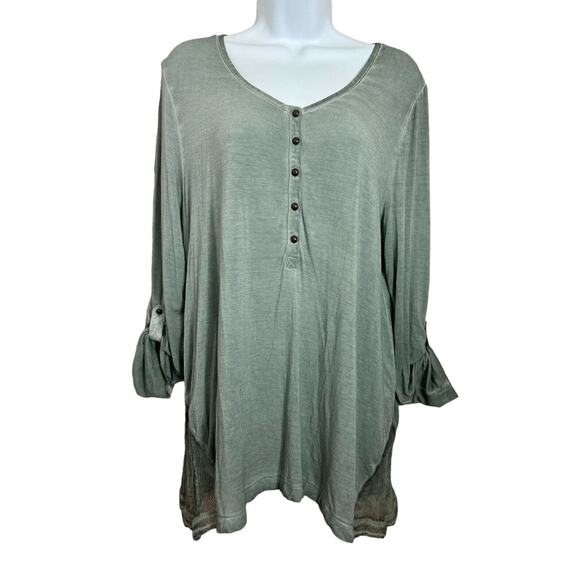 Soft Surroundings Sage Green Blouse Sz Large Silk Trim Roll Tab Sleeves Top - Picture 3 of 10